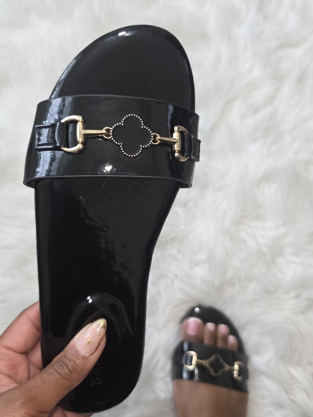 Black Patent Slide Sandal with Gold Hardware